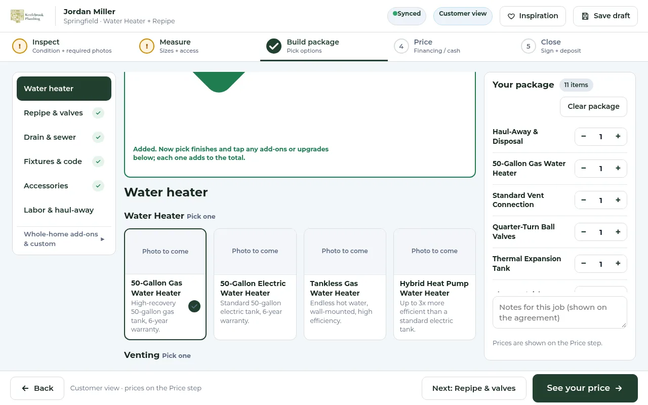 Plumbing: Sales package builder